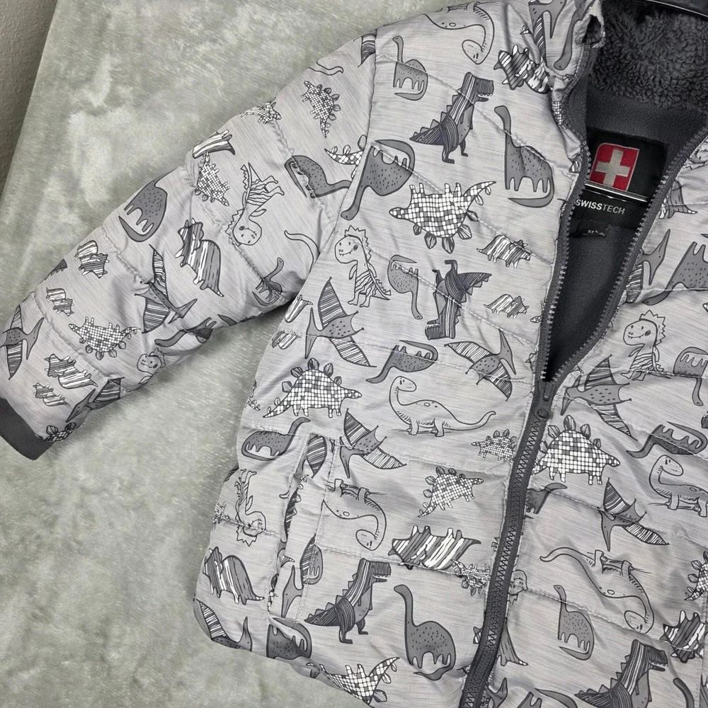 Kids SwissTech Dinosaur Puffer Jacket Hooded‎ Sherpa Lined Gray 5T